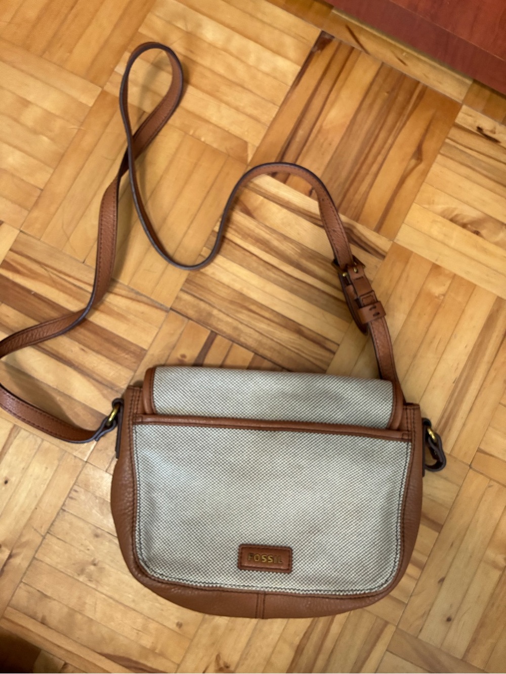 Fossil Beige Canvas and Brown Leather Crossbody Messenger
